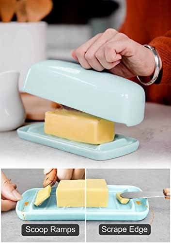 Ceramic Butter Dish with Lid for Countertop, Non-Slip Strip, Lake Blue