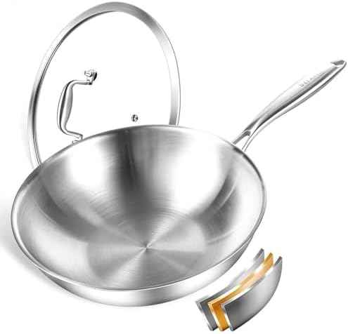 DELARLO Tri-Ply Stainless Steel Woks, 12 Inch Healthy Non-Toxic Cooking Wok Pan with Lid, Wide & Deep Cookware Stir-Fry Pans, Dishwasher and Oven Safe Up To 600°F, Works on Induction，Detachable Handle
