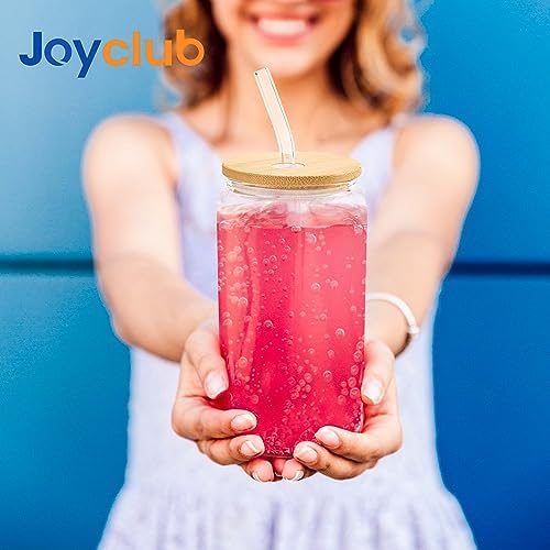 Joyclub 8pcs 16Oz Glass Cups with Bamboo Lids and Straws Drinking
