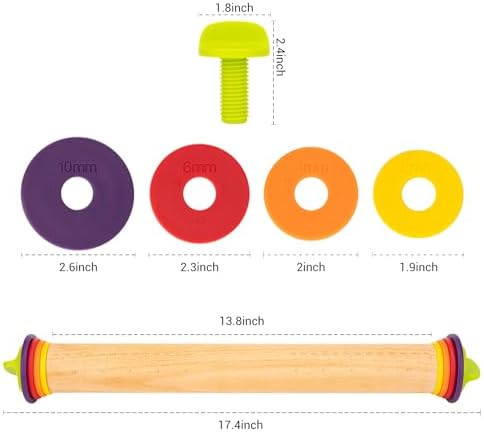 Adjustable Rolling Pin with Thickness Rings, Wooden Dough Roller & 12