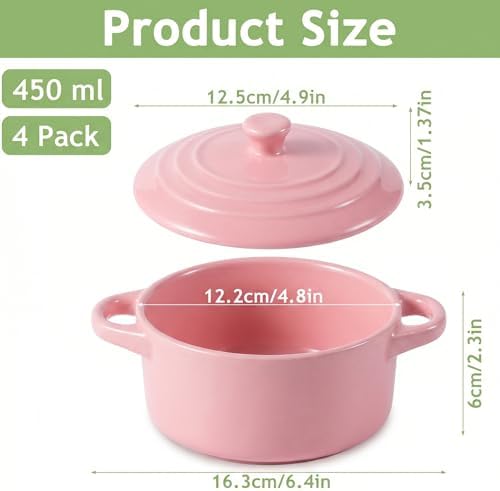 4 Piece Mini Cocotte Set, 16 oz Individual Baking Ramekins, Pink