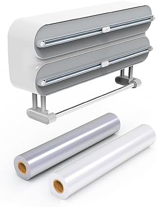 Magnetic Wrap Dispenser with Cutter - 3-in-1 Kitchen Organization and Storage for Plastic Wrap, Aluminum Foil & Paper Towel Holder | Strong Magnet Fridge & Wall Mount (Includes Wrap & Foil)