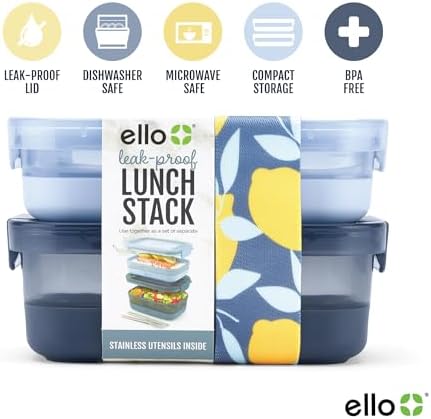 Ello Lunch Stack Bento Box Plastic Food Containers, 2 Pack, Blueberry