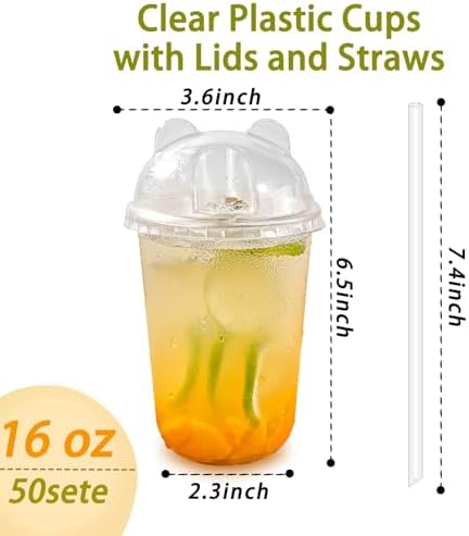Qsqwsuye 16oz 50 Set Disposable Plastic Cups with Dome Lids and Straws