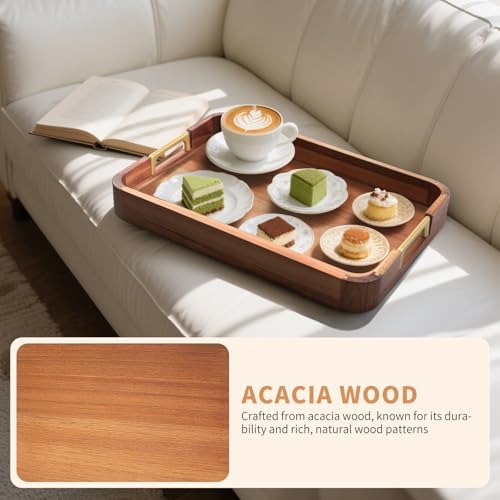 Acacia Wood Serving Tray with Metal Handles, 17x12in Food Drinks Tray