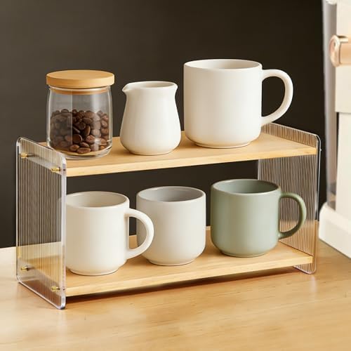 2-Tier Coffee Station Organizer & Matcha Shelf, Wood and Acrylic Mug