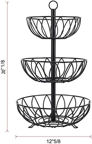 3 Tier Fruit Basket Bowl, Vegetable Organizer, Metal Black