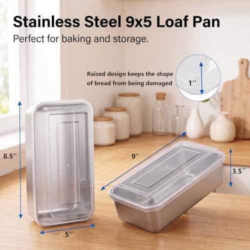 LIANYU 9 x 5 Inch Loaf Pan with Lid, Stainless Steel Bread Pan, Set of