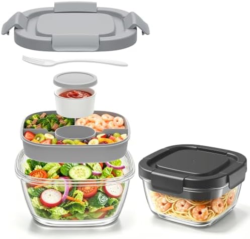 BiuLeon 2 Pack Glass Salad Lunch Container,56oz Salad Bowl To Go for
