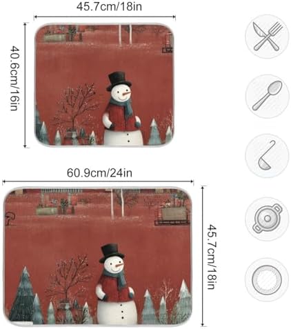 OTVEE Snowmen Red Barns Dish Drying Mat for Kitchen Counter Absorbent