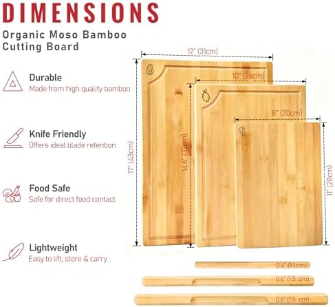 Large Bamboo Cutting Board 3 Piece Set with Juice Groove & Handle