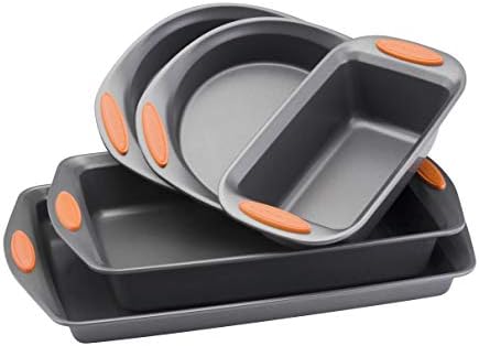 Rachael Ray 55673 Nonstick Bakeware Set with Grips includes Nonstick Bread Pan, Baking Pans and Cake Pans - 5 Piece, Gray with Orange Grips