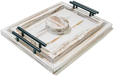 Decorative Ottoman Serving Tray Wooden Rustic (Set of 2) | Black Sleek