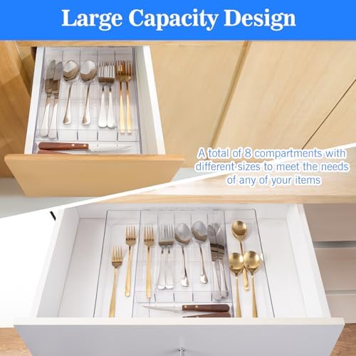 HOMEE Acrylic Expandable Kitchen Drawer Organizer for Flatware and