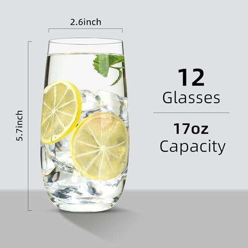 Drinking Glasses Set of 12, 17 oz Water Glasses Tall Glass Cups