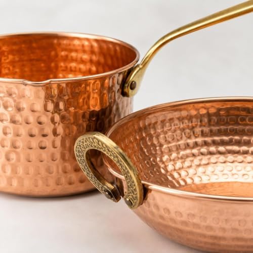 Copper Cookware Set of 2 Hammered Saucepan 1500ml & Kadai 800ml