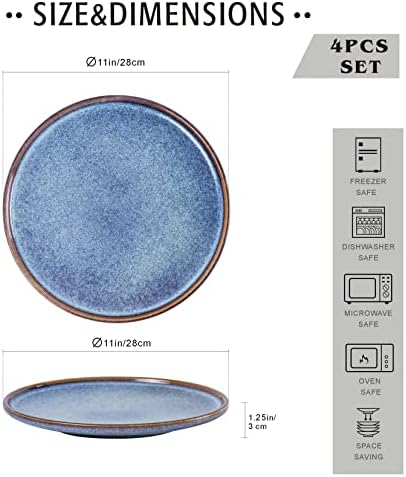 UNICASA 11 Inch Ceramic Dinner Plates Set of 4 – Large Blue Plates for