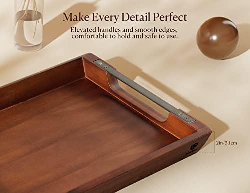 Acacia Wood Serving Tray with Metal Handle, 17x13in Tray for Ottoman