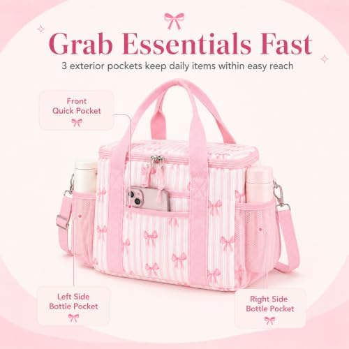 BTOOP Insulated Lunch Bag, Medium 9L, Pink Bow Strips