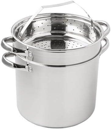 4-Piece Stainless Steel Multi-Cooker Set, 8 qt, with Glass Lid, Stock Pot, Colander, and Steamer Basket