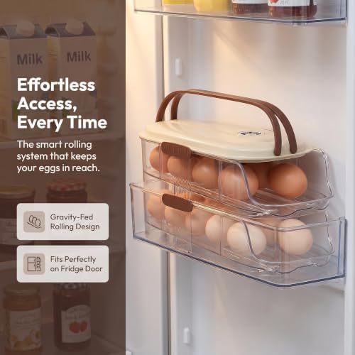 Egg Holder for Fridge with Lid, Automatic Rolling Dispenser