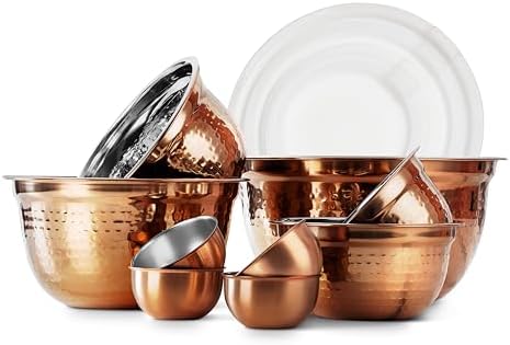 COOK WITH COLOR 18 Piece Mixing Bowls Set with Airtight Lids, Handcrafted Stainless Steel Bowls, Food Storage Containers, Meal Prep, Nesting Salad Bowls For Cooking, Baking, Kitchen, Copper - Hammered