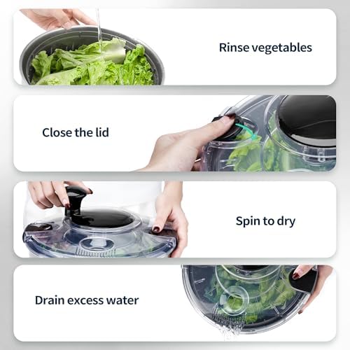 Stainless Steel Salad Spinner, 4.8 Qt Vegetable Washer, BPA-Free Lettuce Dryer with Crank Design, Easy Clean, Non-Slip Base - Transparent Lid