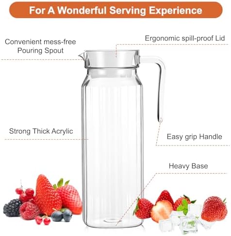 2 Pcs Plastic Pitcher with Lid, 37 oz Clear Acrylic Pitcher