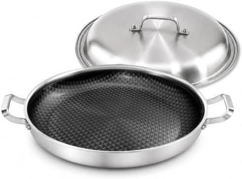DELARLO 16 Inch Stainless Steel Nonstick Paella Pan with Lid