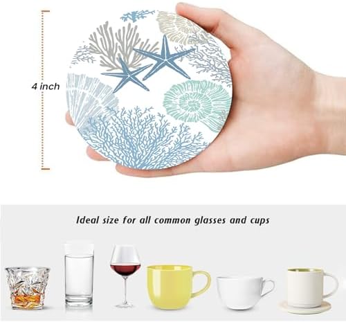 Nautical Coastal Coasters for Drinks Set of 6,Round Absorbent Ceramic