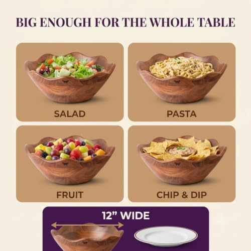 Melvvi Wooden Salad Bowl Set, Large 12 Inch Acacia Serving Bowl