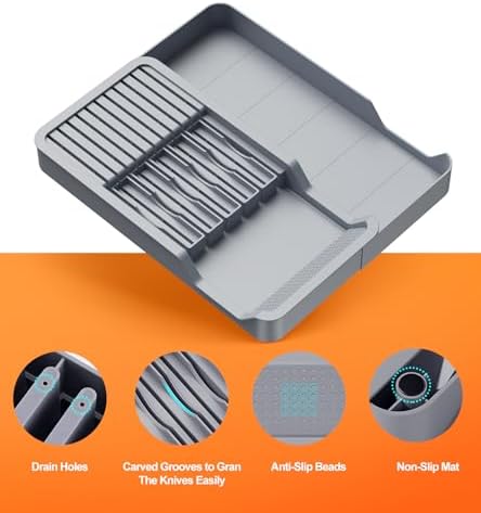 Kitchen Knife Drawer Organizer Grey, In Drawer Knife Block Holder with