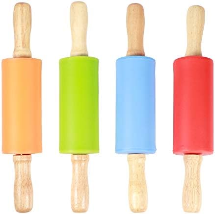 4pcs Mini Silicone Rolling Pins with Wood Handles for Kids Baking
