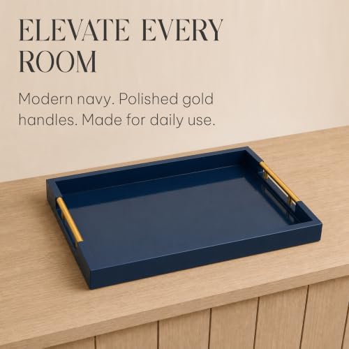 Wood Serving Tray with Gold Handles, 16x12, Navy Blue by Death Decor