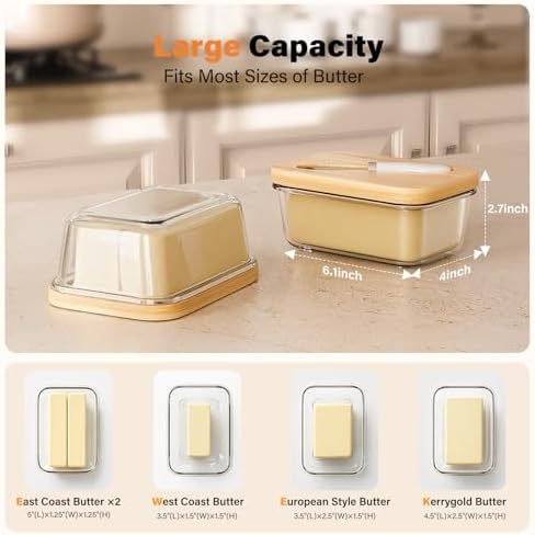 Glass Butter Dish with Bamboo Lid and Knife, Airtight Seal for