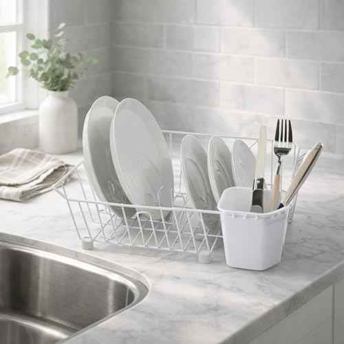 Oggi Compact Dish Drying Rack - White Metal Dish Drainer Rack, Drying Rack Kitchen, Dish Rack, Dish Racks for Kitchen Counter, Durable Coated Metal Kitchen Drying Rack with Cutlery Holder