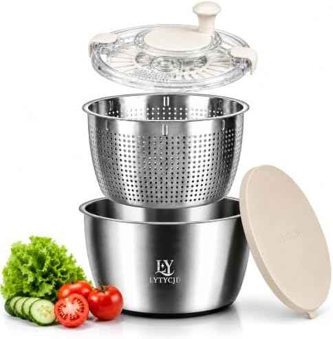 5.3 Qt Stainless Steel Salad Spinner with Storage Lid, Beige White