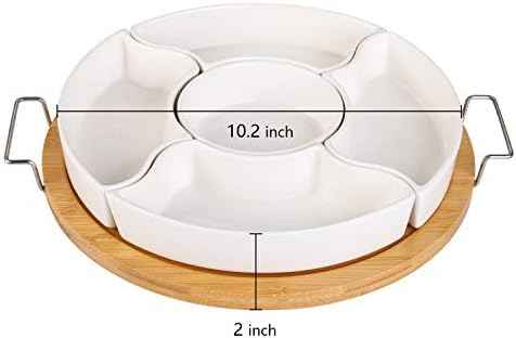 yarlung 11 Inch Ceramic Divided Serving Dishes with Bamboo Platter, Appetizer Tray 5 Removable Snacks Bowls for Candy and Nut, Chips and Dips, No Lid Included