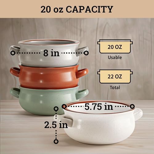 Ceramic Soup Bowls with Handles Set of 4, 20oz Stackable French Onion