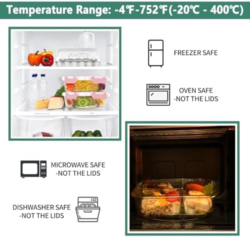 8 Pack 3-Compartment 36oz Glass Meal Prep Containers with Lids