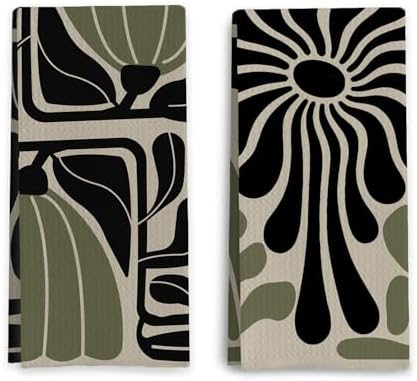 Sage Green Groovy 70s Retro Kitchen Towels Set of 2 - Boho Floral Dish