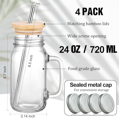 24 oz Mason Jar Cups Glass Drinking Jars with Handles Set of 4