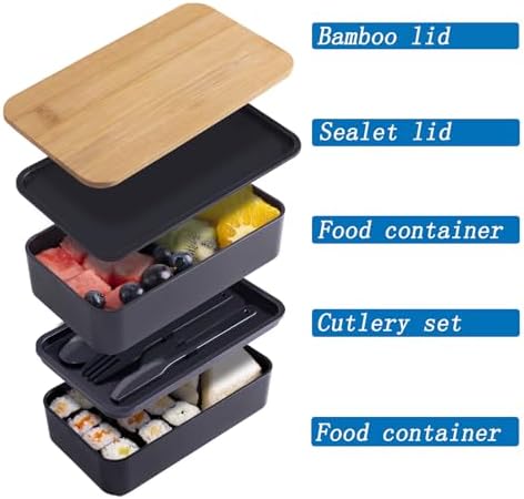 Japanese Bamboo Bento Box with Compartments and Utensils Stackable
