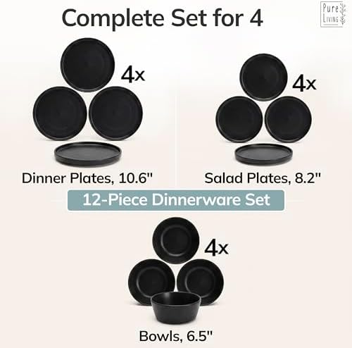 12 Piece Black Dinnerware Set for 4, Stoneware Black Plates and Bowls