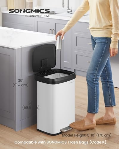SONGMICS Kitchen Trash Can, 13-Gallon, Stainless Steel