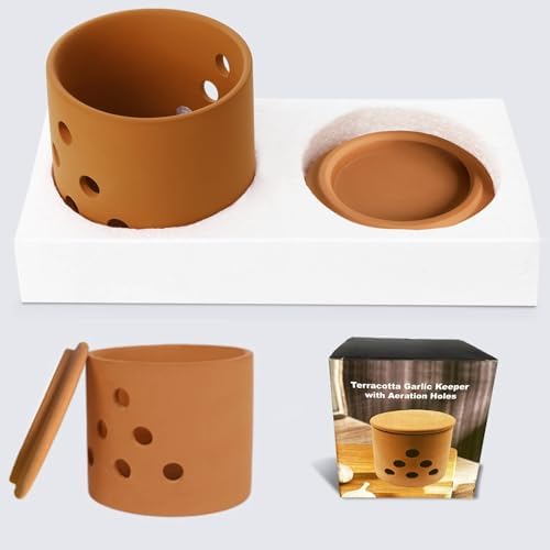 LEEPENK Terracotta Garlic Keeper,Vented Clay Garlic Storage Container