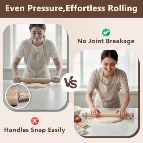 Wood Rolling Pin with Thickness Rings: Adjustable Dough Roller for