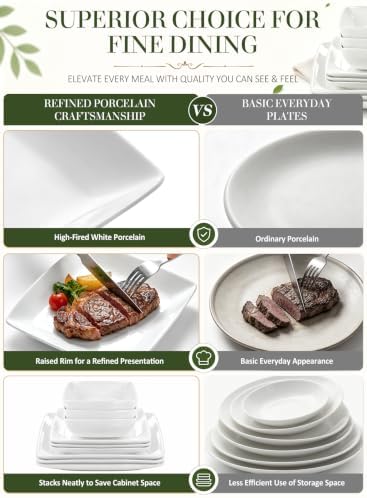 Porcelain Square Dinner Plates, 10.75 Inch White Plates, Set of 4