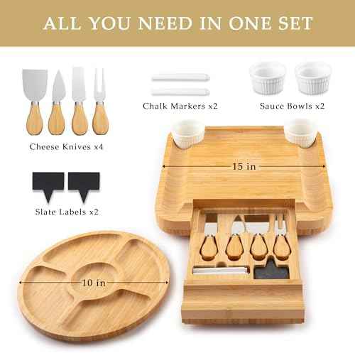 Zulay Kitchen Premium Bamboo Charcuterie Board - Extra Thick Bamboo Board with 4 Piece Knife Set - Perfect for Charcuterie, Wine and Cheese