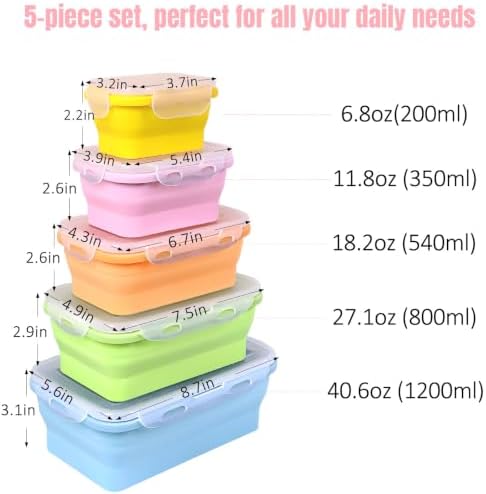 Set of 5 Collapsible Silicone Food Storage Containers With